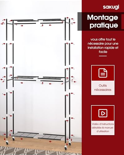 Portant vêtements roulettes noir 84x32x202 cm Sakugi