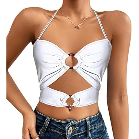 Giovacker Womens V-Neck Reflective Holographic Crop Tops Rave Outtfits Sexy Hollow Ring Bustier Tank Top, Silver, S Cover