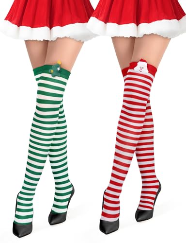Kiiwah 2 Paia Calzini Lunghi Donna per Natale, Calze Al Ginocchio Parigine Natalizi per Feste Cosplay (Strisce)