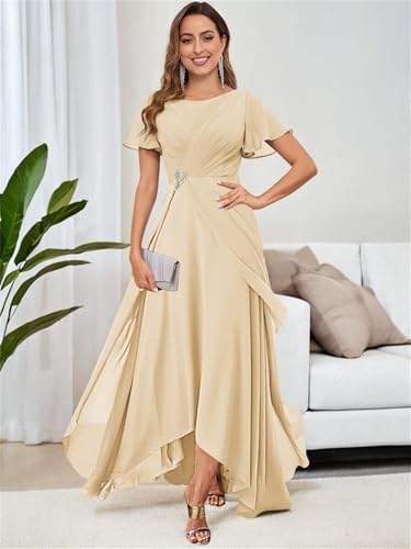 Scoop Neck Chiffon Mother of The Bride Dress with Pleated Beads A-line Tea Length of The Groom Dresses for Wedding4