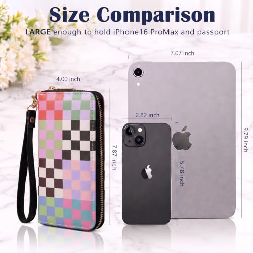 Image of Colorful Checkered Wallet for Women, Zip Around Wristlet Wallet | Detachable Wrist Strap, Large Capacity Long Phone Wallet for Cards, Cash & Travel