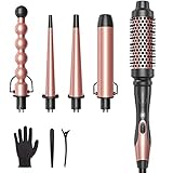 Wavytalk 5 in 1 Curling Iron,Curling Wand Set with Curling Brush and 4 Interchangeable Cermic Curling Wand(0.35”-1.25”),Instant Heat Up,Include Heat Protective Glove & 2 Clips