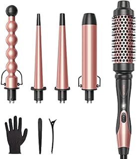 Wavytalk 5 in 1 Curling Iron,Curling Wand Set with Curling Brush and 4 Interchangeable Ceramic Curling Wand(0.35”-1.25”),Instant Heat Up,Include Heat Protective Glove & 2 Clips