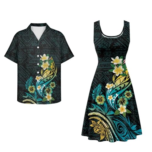 Image of Dreaweet Summer Dresses for Women A-Line Sleeveless Flowy Sun Dresses,Men's Casual Button-Down Shirts,Couple Matching Outfits