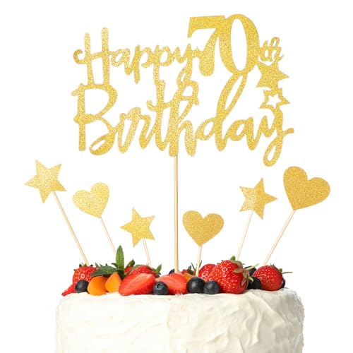 ZEYIYER 70th Cake Toppers Gold Happy 70th Birthday Cake Decorations