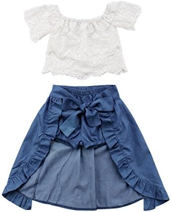 Toddler Baby Girl Lace Flower Off Shoulder Crop Top Denim Shorts Maxi Skirt Outfits Summer Clothes Set (lace Shirt + Short Jeans+Denim Skirt,1-2 Years)