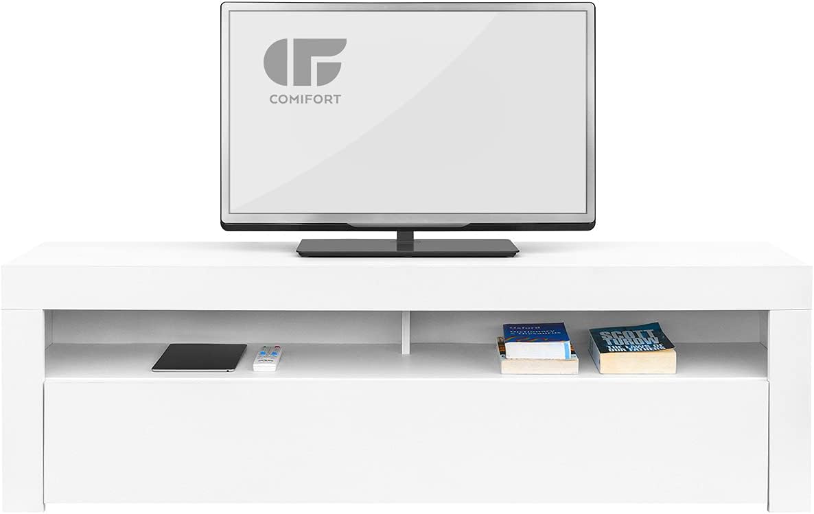 COMIFORT TV Stand - Modern and Stylish Living Room Cabinet with Drop-Down Door and Large Shelves for Storage, Very Sturdy, Made in Europe, White Colour