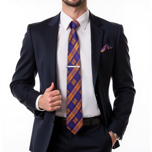 Image of DiBanGu Mens Silk Plaid Tie and Pocket Square Set | Elegant Silk Formal Tie Set, Woven Check Necktie and Cufflinks Tie Clip Set, Perfect for Wedding Party, Comes in Gift Box
