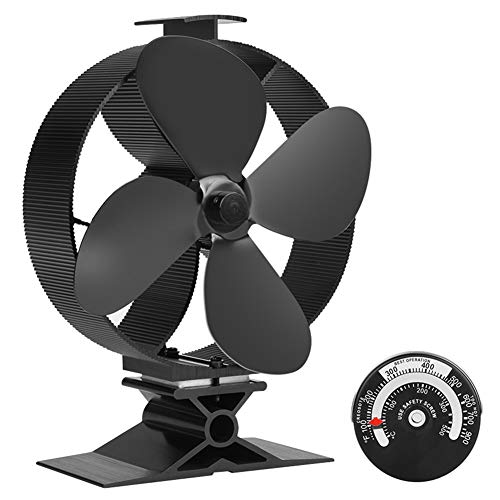 KINDEN Fireplace Fans 4-Blade - Heat Powered Stove Fan for Wood Log Burner Ultra Quiet Eco-Friendly with Magnetic Thermometer (Aluminium Black, Large Size)