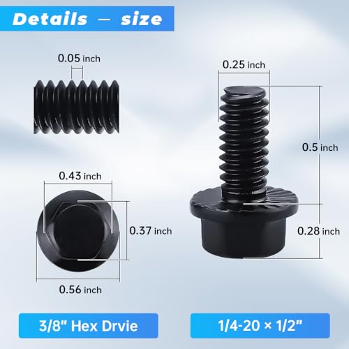 Image of Glvaner 1 /4-20 x 1 /2 inch (25 pcs) Stainless Steel Serrated Flanged Hex Head Bolts Bolts, 18-8 (304) Stainless Steel, Full Thread, Black Coated