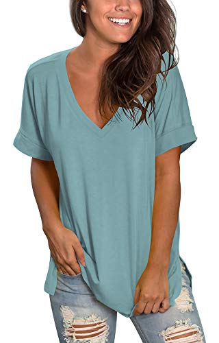 Image of Sampeel Women's V Neck T Shirts Casual Rolled Short Sleeve Side Split Summer Tops Loose Fit