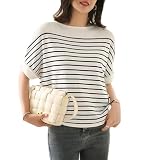 [7-livehouse] ボーダー ｔシャツ サマーニット 半袖 レディース ボーダー柄 ゆったり 大きい 体型カバー 大人 オシャレ 薄手ニット プルオーバー トップス ファッション 通勤 オフィス 春 夏