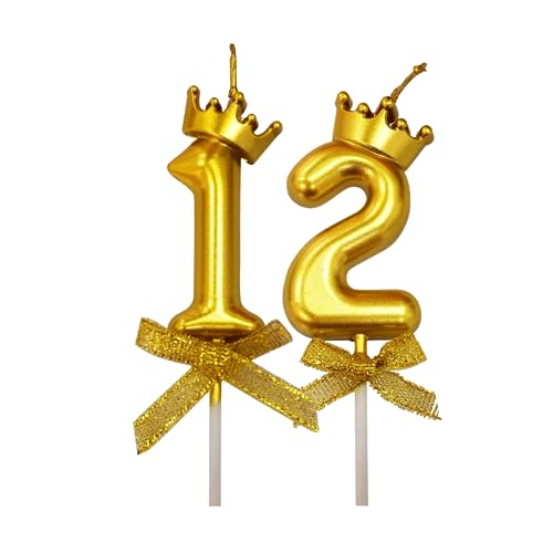 Image of 2 Pc 12 Number Candle for Birthday Cake Metallic Gold Number Candle with Crown on Top for Anniversary Cake Topper 12th Birthday Cake Decoration (Pack of 2, Gold).