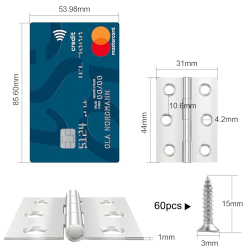 Yeepeo 10 Stück Scharniere Klappbar 44mm × 31mm, Edelstahl Scharnier Klavierband Scharnieren Klein Scharnierband, Türscharnier für Türen Fenster Schränke mit 60 Stück Schrauben