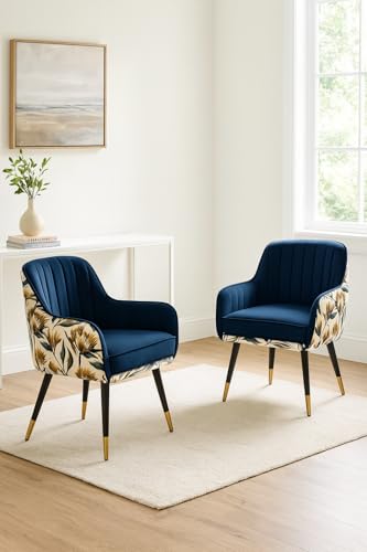 Image of Velvet Chair with Floral Pillow for Home | Modern Accent Armchair in Soft Velvet Fabric with Golden Legs | Set of 2 Premium Accent Chair for Living Room Bedroom (Blue Floral)
