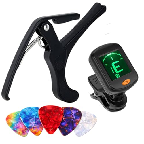Image of IMAGINEA Guitar Tuner Clip-On for Acoustic, Electric, Bass & Ukulele - Digital Chromatic Tuning with LCD Display + Metal Capo & 5 Premium Pick - Portable Guitar Accessories Kit for Beginners & Players