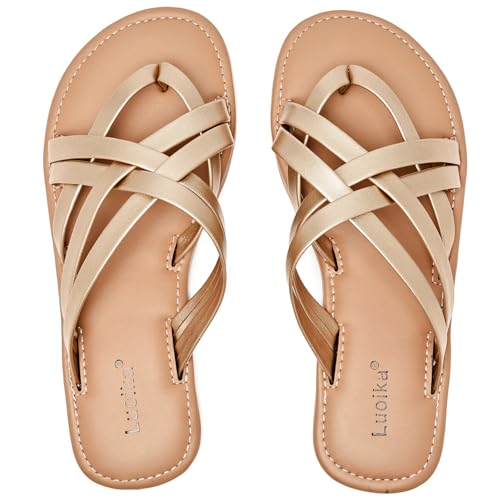 Image of Luoika Women's Wide Width Flat Sandals, Flip Flop Slides Sandal Casual Strapy Sandal Slip on Summer Beach Shoes for Women.