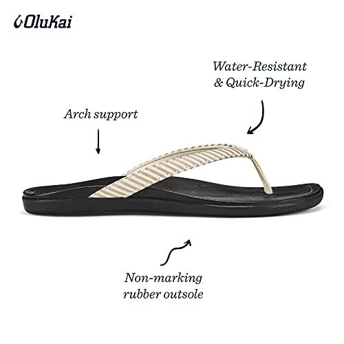 Olukai Ho'opio Women's Beach Sandals, Quick-Dry Flip-Flop, Water Resistant & Modern Low Profile Design, All-Day Comfort Fit, Bone/Stripe, 5 #TOP3