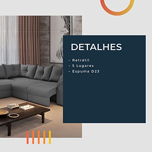 Sofá de Canto 5 Lugares com Retrátil Qatar Suede (Cinza)