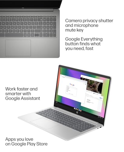 Image of HP Chromebook Laptop 15 (15.6 inch Anti-Glare, Intel N200 (> i3-1115G4), 8GB DDR5 RAM, 64GB eMMC + 64GB SD Card, Numeric KB) Home & Students, Wi-Fi, Webcam w /Shutter, Long Battery Life, Chrome OS, Silver