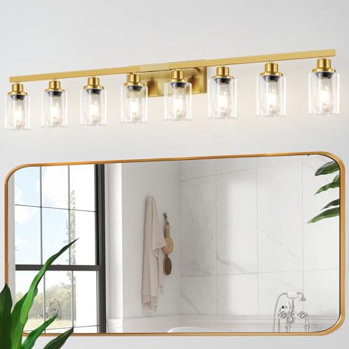 Image of 8 Light Gold Vanity Lights Over Mirror, 52inch Gold Bathroom Light Fixtures Modern Vanity Lights Gold Bathroom Wall Lighting for Mirror Bedroom,Living Room