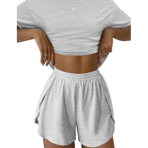 Kistore Summer 2 Piece Pajamas Sets Short Sleeve Sleepwear Pjs Lounge Split Short Sets B-light Grey Medium