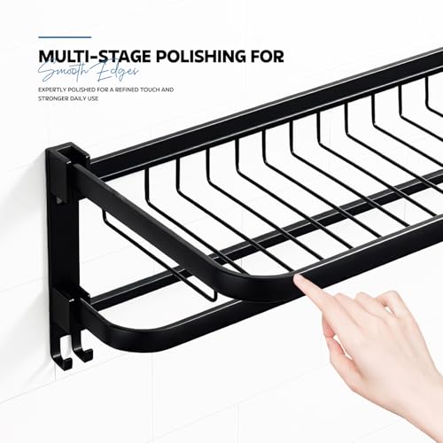 Image of Amazon Basics 24 Inch Foldable Aluminum Towel Rack for Bathroom | Wall Mounted Double Tier Towel Holder with Rod & Hooks | Rustproof