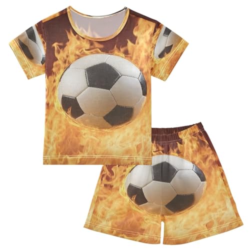 ALAZA Fire Soccer Stylish Football Pajamas Set Short Sleeve Cotton Sleepwear Summer Pjs 2 Piece 5-14Y