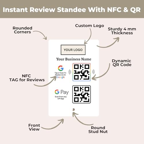 Image of Combo Standee for Review & UPI Payment | NFC Tap-to-Review + QR Code for Payment | Custom Acrylic Stand with Logo & Name | Dual Function Counter Display