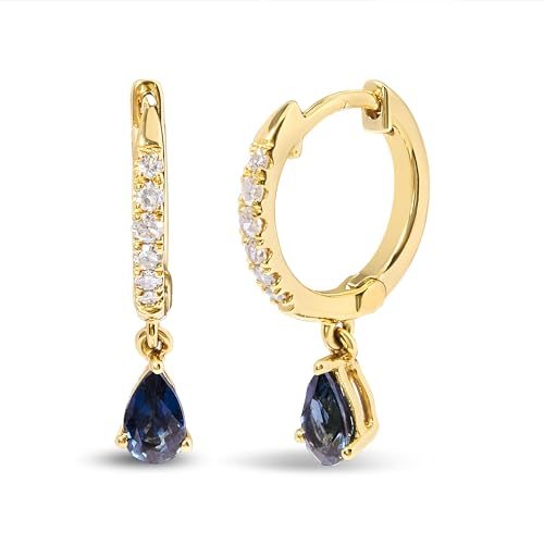 10K Yellow Gold Pear Blue Sapphire and 1/10 Cttw Diamond Drop and Dangle Huggy Hoop Earrings (H-I Color, I1-I2 Clarity)