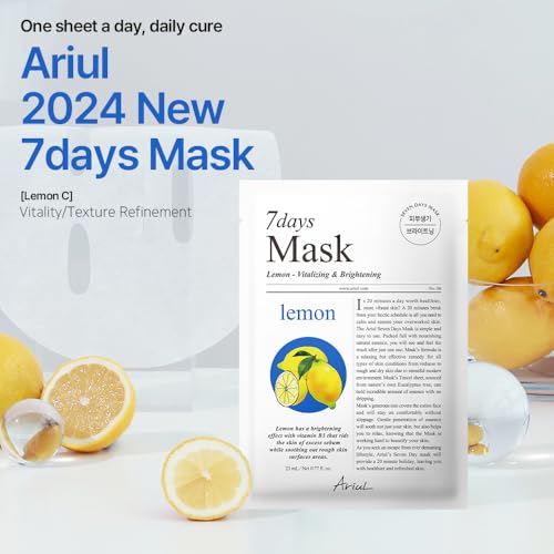 Image of Ariul 7days Mask Lemon C (1 Sheet, 23ml) Brightening Vitamin-C Korean Sheet Mask for Dark Spots & Dull Skin, Hydrating Glow Boosting Face Mask with Niacinamide & Ceramide, Daily Use Gentle Facial Mask