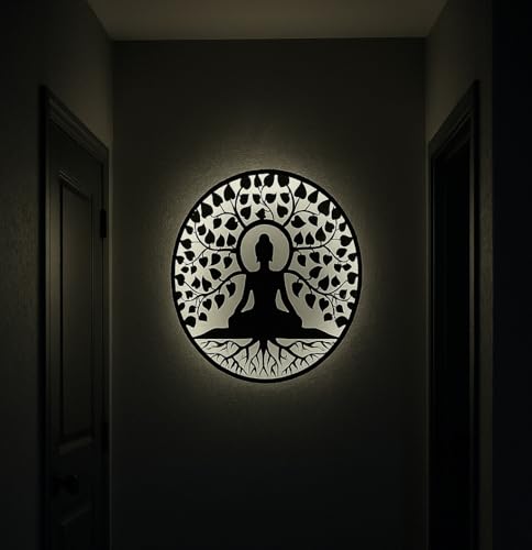 Image of M.K Handicraft Buddha Metal 3D Wall Art 24 IN WIth LED Backlite Wall Hanging with Led Backlight Decorative Showpiece - 60 cm (Iron, LED Backlite Gold) (GOLD)