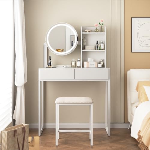 Image of VFK Small Vanity Desk with Mirror and Lights, Makeup Vanity Table with LED Mirror, 3 Lighting Modes, Power Outlet, Drawer, Open Shelves and Cushioned Stool for Bedroom (White)