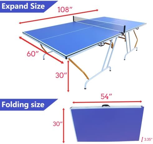 9ft Mid-Size Table Tennis Table Foldable & Portable Ping Pong Table Set for Indoor Games with Net, 2 Table Tennis Paddles and 3 Balls