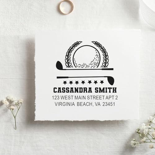Image of Made to Order Wood Handle Return Address Stamp Golf Champion Crest | Any standard pad works. Customized Hand Stamp. Golf Club Stamp. 1-5 /8 inch square imprint. Your name and address.