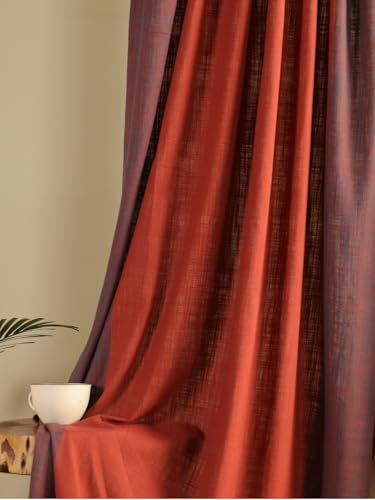 Image of Peepul Tree Mix & Match Solid & Floral Door Curtains Brick Red & Blue | 7 Feet | Set of 3 | 2 Woven & 1 Printed Curtain| 60-70% Light Blocking| Semi Blackout| Pure Cotton | Back Loop Curtains
