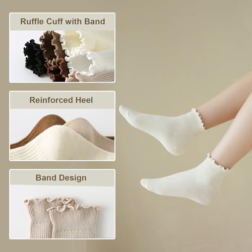 Womens Ruffle Socks, 6 Pairs White Lettuce Edge Turn-Cuff Cotton Frilly Ankle Crew Boot Socks2