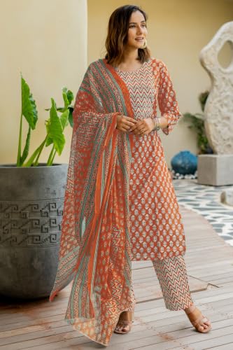 Image of MIRCHI FASHION Women's Straight Fit Pure Cotton Embellished Floral Printed Kurta Set with Dupatta and Trouser
