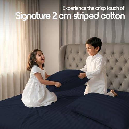 Image of LINENWALAS Cotton 300 Thread Count King Size Bedsheet Set | 2 cm Sateen Stripe Design | Cloud-Soft, Breathable & Skin-Safe | Oeko-TEX Certified Hotel-Style Bedding (108 x 108, Navy Blue)
