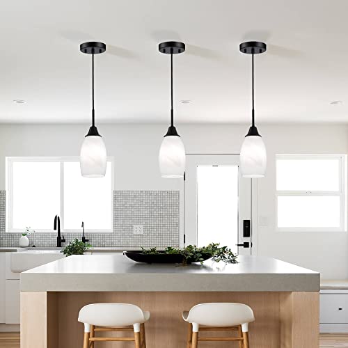 Viinew Mini Glass Pendant Light,With Handblown White Art Glass Shade Adjustable Cord Modern Hanging Pendant Light For Kitchen Island,Dining Room,Living,Foyer, Hallway, Entry, Flat Black Finish 3 Pack #TOP3