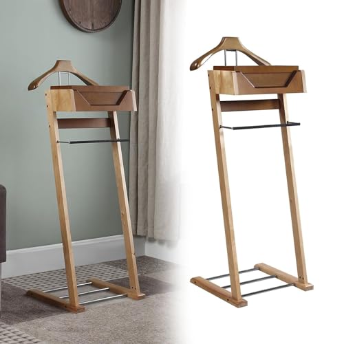Perchas de pie para hombre, perchero de madera con cajón y bandeja, soporte de valet extraíble para entrada, sala de estar, dormitorio, oficina