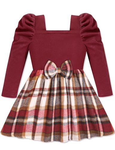 Crazyme Toddler Girl Clothes Square Neck Puff Sleeve Top Bowtie Toddler Dress Plaid Skirt Set Fall Winter Girls Outfits 3T-8Y