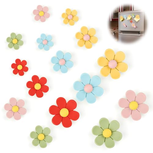 Wefaly - Aimant Frigo, Magnet Frigo Mignons 3D en Forme de Fleurs pour Réfrigérateur Aimants Décoratifs Colorés 5 Couleurs pour Le Tableau Blanc la Cuisine et Le Bureau (Petit Moyen et Grand, 15 pièces)