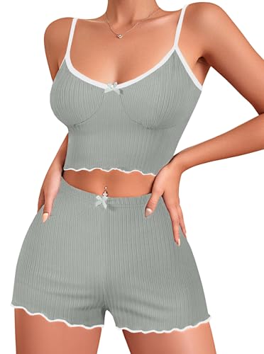 Image of Hilinker Womens Graphic Print Ribbed PJ Set Crop Cami Tops and Shorts Cute Pajamas Set