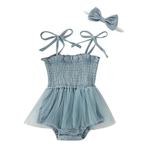 Meihuida Newborn Baby Girl Sleeveless Romper with Headband Summer Clothes Cotton Linen Bodysuit Tulle Tutu Skirt Blue 3-6 Months Cover