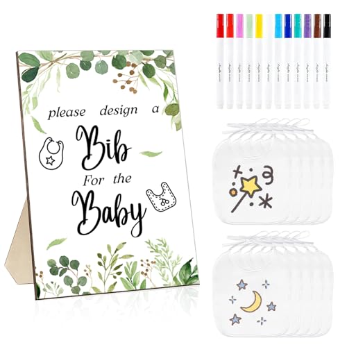 33 Stück Babyparty Spiele Set Baby Party Spielset mit 1 Holzschild 20 blanko Lätzchen und 12 Farbstiften Babyparty Dekoration Gender Reveal Party Aktivität für Gäste