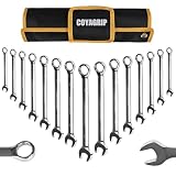 Metric Combination Wrench Set, 15-Piece 8, 9, 10, 11, 12, 13, 14, 15, 16, 17, 18, 19, 20, 21, 22mm, Chrome Vanadium Steel with 12-Point Box End, 15-Degree Offset, Mirror Polished, with Rolling Pouch
