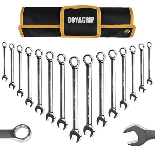 Metric Combination Wrench Set 15-Piece 8 9 10 11 12 13 14 15 16 17 18 19 20 21 22mm Chrome Vanadium Steel with 12-Point Box End 15-Degree Offset Mirror Polished with Rolling Pouch