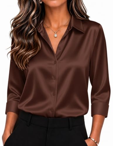 Image of Zeagoo Womens Satin Blouses Button Down Shirts 3 /4 Sleeve Dressy Tops S-2XL