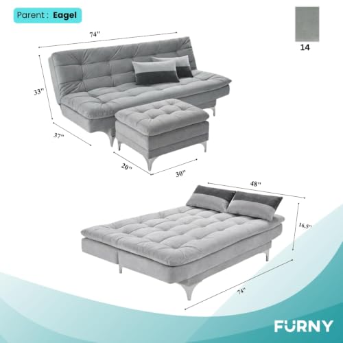 Image of FURNY Supersoft 3 Seater Fabric Sofa Cum Bed with Ottoman (Light Grey) Premium Velvet Finish with Extra 2 Cushions, Ideal for Living Rooms, Bedrooms, Offices